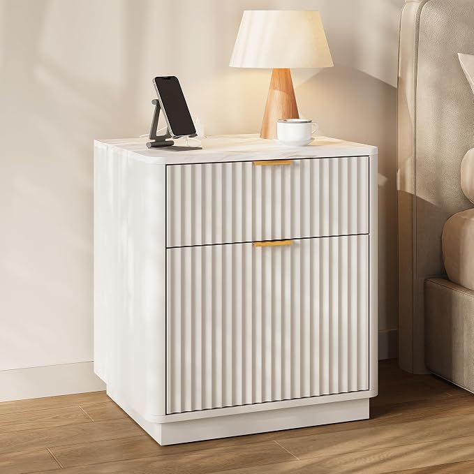 24” Tall Nightstand - Fluted Night Stand with Charging Station Faux Marble Top Bedside Table with Curved Profile Design for Bedroom/ 2 Drawer, White by TROJMHome