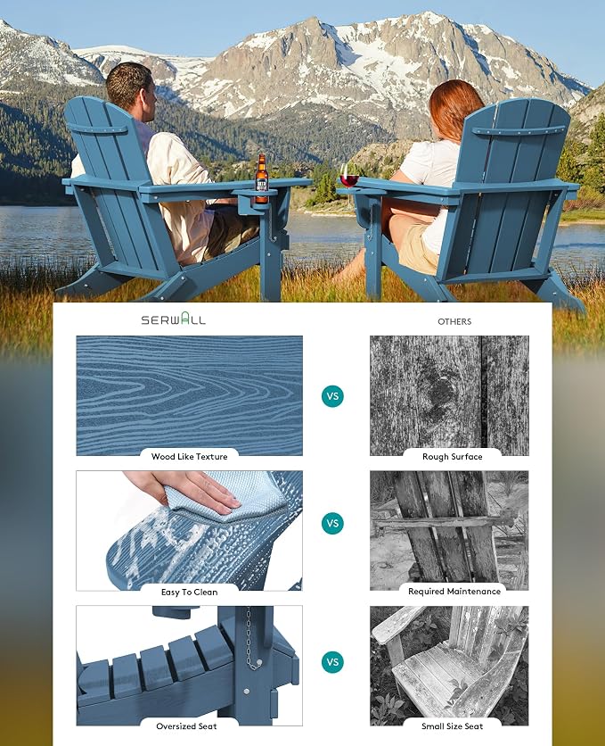 SERWALL Folding Adirondack Chair, HDPE Adirondack Chairs Set of 4, Plastic Outdoor Chairs- Looks Exactly Like Real Wood- Navy - Image 6