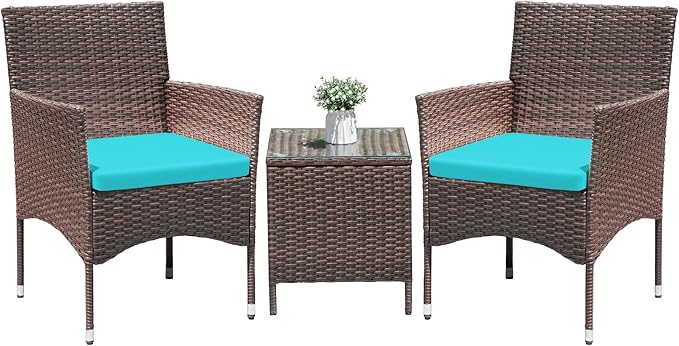 Greesum 3 Pieces Patio Dining PE Rattan Wicker Chair Furniture Set with Cushion and Glass Coffee Table for Outdoor Garden Backyard Poolside, Brown and Blue