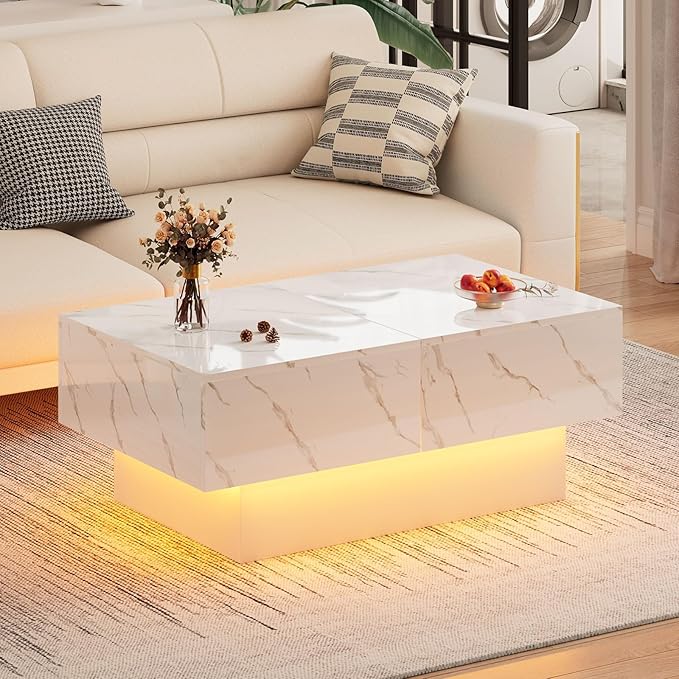 White Marble LED Coffee Table with Storage for Living Room, Living Room Table Rectangular Center Table, Modern High Glossy Wooden Coffee Tables for Dining Reception Room
