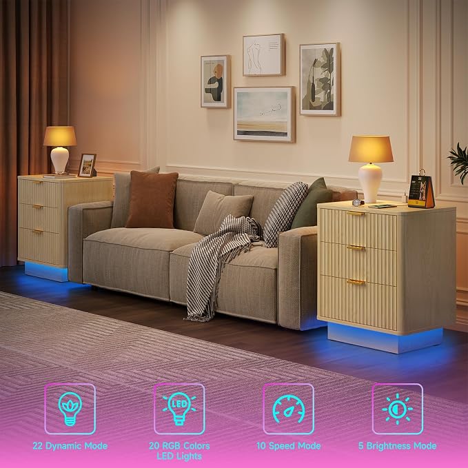 GOLDDAY Nightstand with Charging Station & LED Light, 3-Drawer Bedside Table with Outlets, Modern End Table, for Bedroom, Home Office, 1Pcs, Natural - Image 4