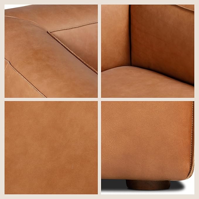 Poly & BARK Piazza 95” Leather Sofa in Saddle Tan – Full‑Grain Pure‑Aniline Italian Leather, Low Profile Frame, Raw Seam Detailing, Soft Tufted Cushions – Rustic Modern Centerpiece for Living Spaces