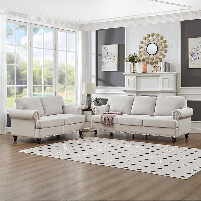 2 Pieses Living Room Sofa Sets Linen Fabric Couch and Loveseat with Nailhead Decor, Soild Wood Legs, Rolled Armrests & Storage ,2PCS Sofas 3 Seaters Couch and Love Seat for Living Room Furniture Sets
