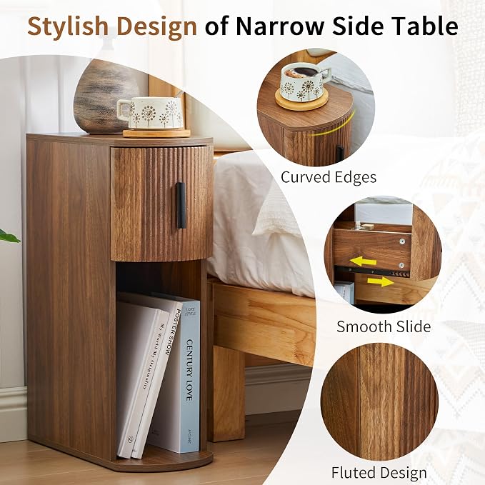 Narrow Nightstand Set of 2, Fluted Small Night Stand, Slim Curved Storage End Table with Drawer, Mid Century Modern Wooden Bedside Cabinet for Bedroom,Small Spaces, Walnut - Image 9