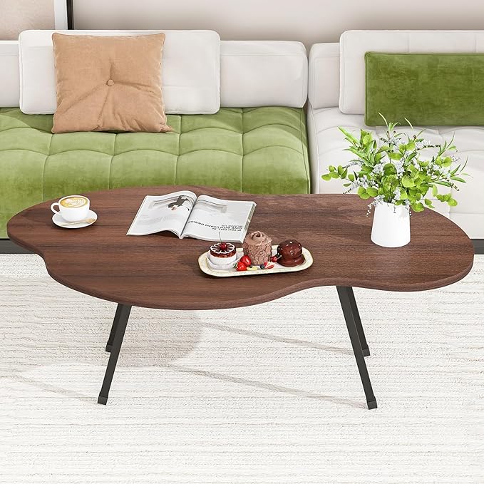 Foldable Coffee Table,Mid Century Modern Coffee Table Living Room Tables,Cloud Shape Irregular Center Table,Portable Folding Table for Small Spaces,Living Room,Bedroom,Entryway,Easy Assembly,Walnut