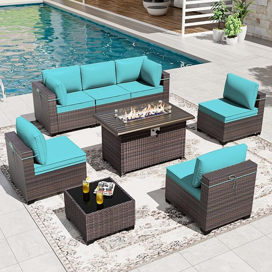 Gotland 8 Pieces Patio Furniture Set with Fire Pit Table, All Weather Rattan Outdoor Furniture with 29.5'' High Backrest 4’’ Thick Cushions Coffee Table, Outdoor Sectional for Porch, Deck, Blue