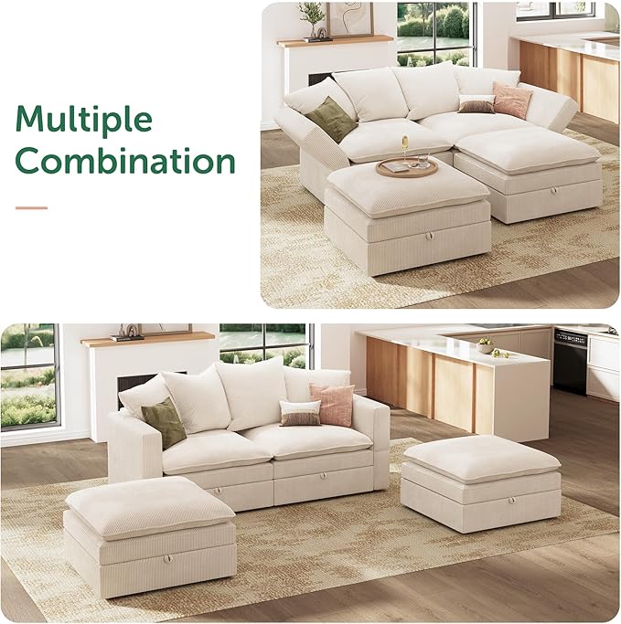 HONBAY Modular Sectional Sleeper Sofa, Corduroy 4 Seater Couch with Storage, Sectional Sleeper Couches for Living Room, Beige