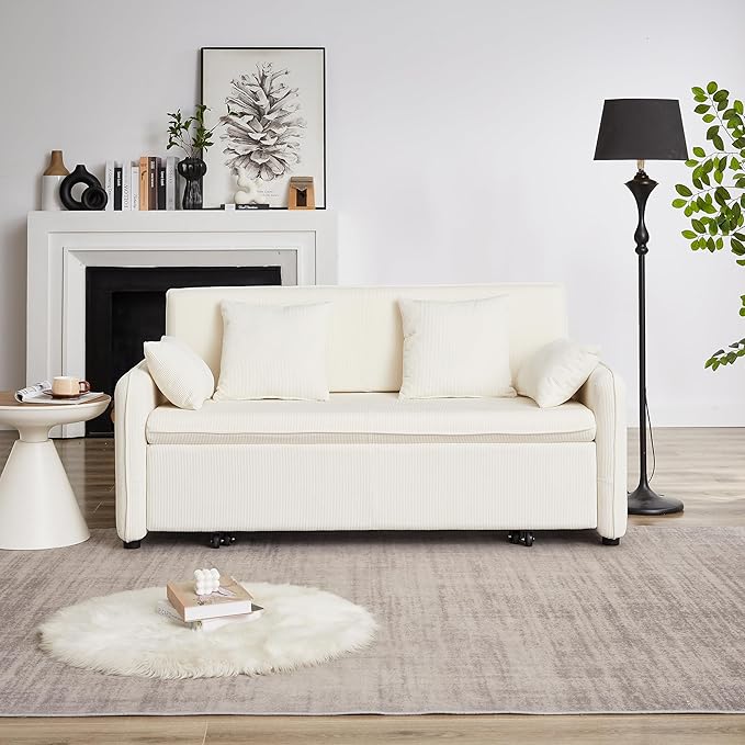 Ball & Cast 66" Convertible Sofa Bed,3-in-1 Corduroy Loveseat Sleeper Pull Out Couch Bed with Pillows and Side Pockets, Deep Seat Comfy Sofa Couches for Living Room,Apartment,Beige