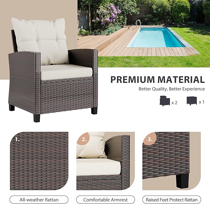 Vongrasig 3 Pieces Patio Furniture Set Small Outdoor Wicker Rattan Front Porch Bistro Set Cushioned Patio Chairs Conversation Set with Glass Table for Lawn, Garden, Backyard, Balcony, Beige