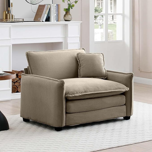 KEIKI 46" Oversized Corduroy Modular Sectional Single Sofa with High-Density Foam Cushions, Removable Armrests, Upholstered Retro 1-Seater Lounge Accent Chair with 1 Pillow, for Living Room, Tan