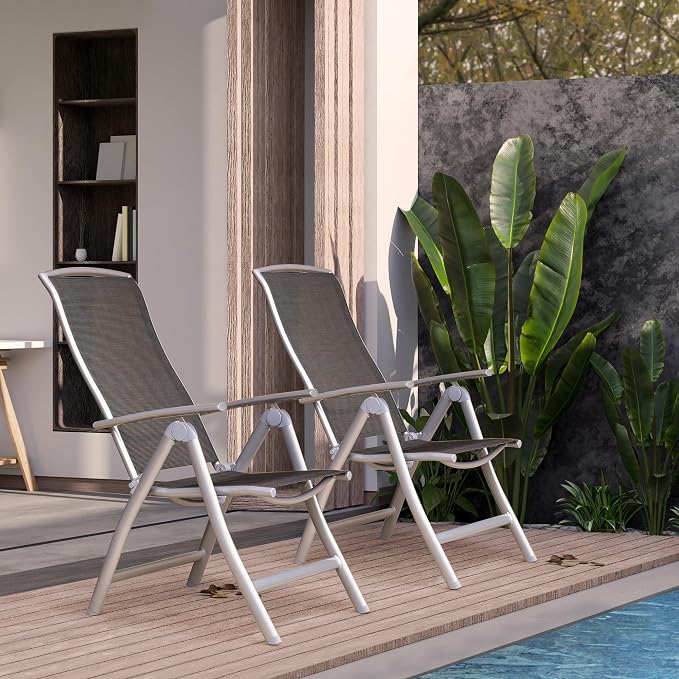 Domi Patio Folding Chairs Set of 2, Aluminium Frame Outdoor Reclining Patio Chairs for Garden Camping Poolside Beach Deck, Adjustable High Back Lawn Chairs with Textilene Fabric Seat, Dark Gray - Image 3