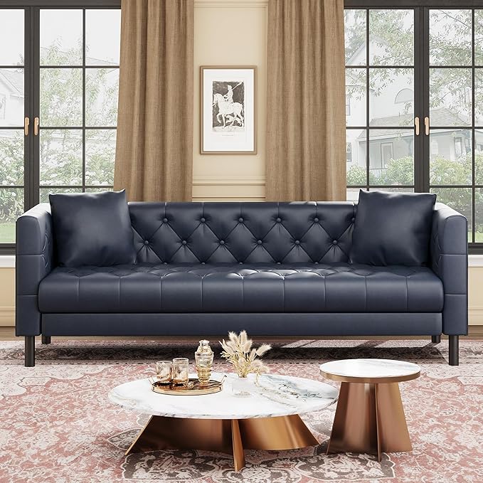 GarveeHome 81 in Leather Couch for Living Room, Modern Sofa Couch with Deep Seat and 2 Pillows, Handmade Button Tufted 3 Seater Sofa, Leather Sofa for Apartment, Office, Blue