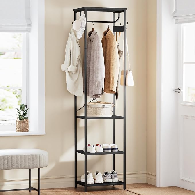 Coat Rack With Hanging Rod, Garment Rack With 3 Wooden Shelves and 4 Hooks, Freestanding Hall Tree, Industrial Clothes Rack Stand Organizer, Black - Image 6