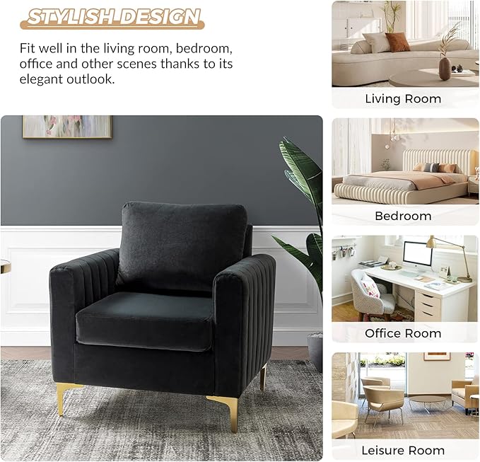 HULALA HOME Velvet Accent Club Chairs Set of 2, Modern Velvet Armchair Upholstered Accent Club Chairs Sofa Chairs with Gold Metal Legs Mid-Century Barrel Leisure Comfy Reading Armchair, Black
