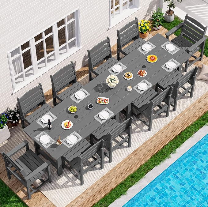 SERWALL Patio Dining Sets for 10 Person, HDPE Dining Set with 2 Tables, 8 Armless Chairs and 2 Armed Dining Chairs, Gray by SERWALL