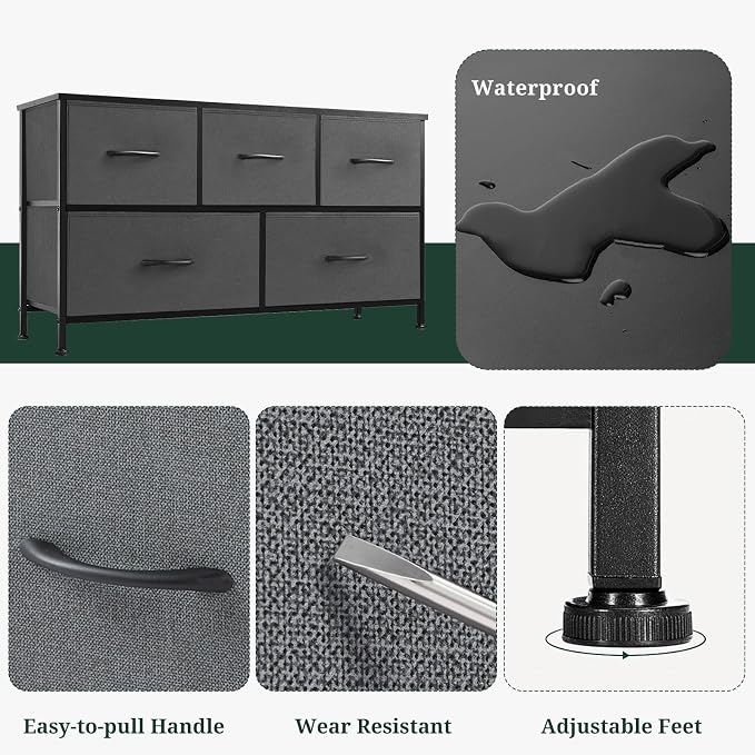 5-Drawer Dresser for Bedroom, Anti-Tip Wide Storage Organizer Fabric Chest of Drawers TV Stand for 45" TV with Wooden Top and Metal Frame for Closet, Living Room, Hallway, Entryway, Gray - Image 7
