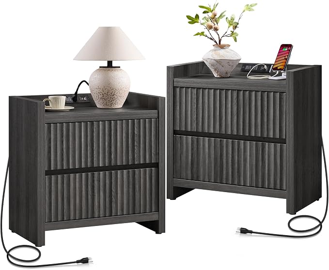 SICOTAS Night Stand Set of 2-Fluted Nightstands with Charger Station-Large Nightstand Bedside Table End Table with 2 Drawers, 25" Wide Mid Century Modern Night Stands for Bedroom-Black Oak by SICOTAS