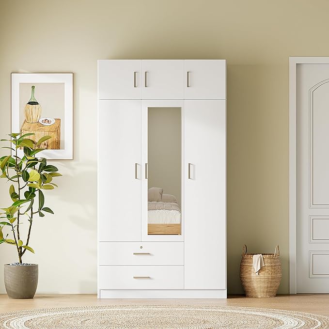 Merax 3 Doors Wardrobe with Mirror Door and Top Cabinet, Wooden Closet Wardrobe Organizers with Hanging Rail, 2 Drawers and 4-Tier Storage Shelves for Bedroom, Laundry Room, White