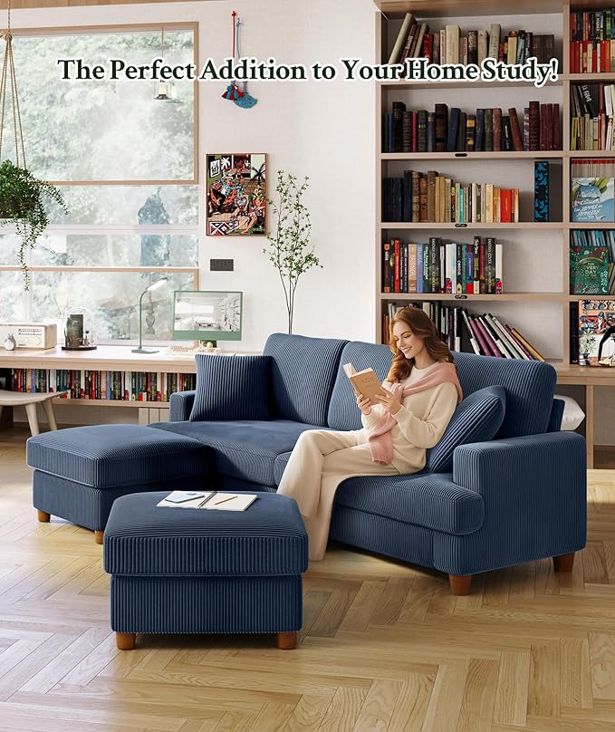 25.2" Couches for Living Room, Comfy Blue Ottoman with Storage, Foot Rest Tool-Free Setup, Small Ottoman Foot Rest for Couch, Corduroy Couch for Bedroom, Apartment, Office