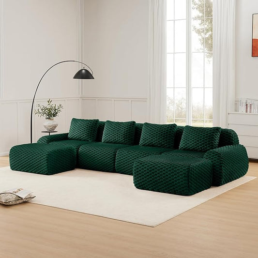 146" U-Shaped Compressed Sectional Cloud Sofa, Flannel Upholstered Modular Deep Seat Sofa with 6 Pieces, Symmetrical Boneless Foam Modular Cloud Couches for Living Room