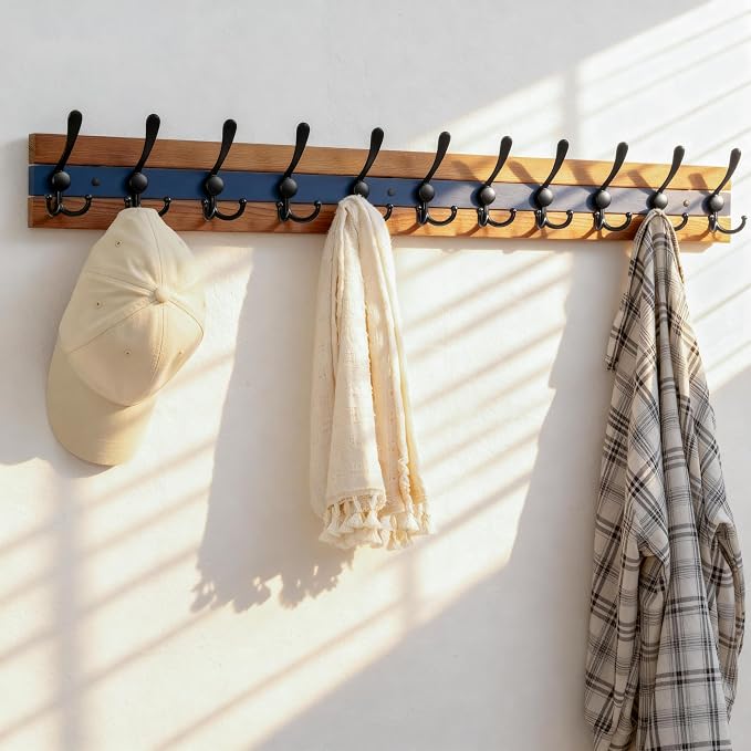 SKOLOO Rustic Wall Mounted Coat Rack - 38-1/8" Long Coat Hooks for Wall with 10 Triple Hooks for Hanging Coats, Hats or Tools, Western National Parks Collection, Wood Brown & Blue - Image 5