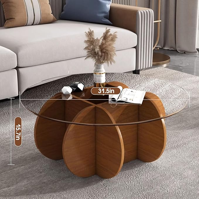 Glass Coffee Tables for Living Room Modern Elegant Round Coffee Table Mid Century Farmhouse Center Table with Solid Wood Frame and Tempered Glass Tabletop, Easy Assembly,31.5''