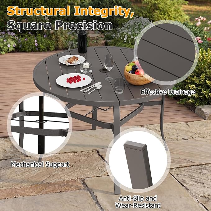 EROMMY 5-Piece Round Outdoor Patio Dining Set, 4 Metal Slat Chairs & Round Table with Umbrella Hole, All-Weather Outdoor Furniture for Backyard, Garden and Poolside - Image 3