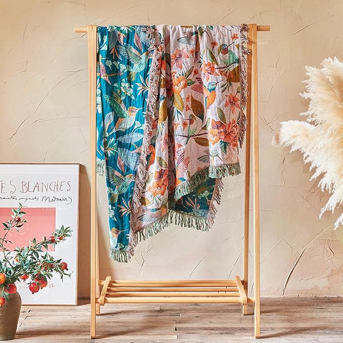 Boho Throw Blanket - 90"x90" 100% Cotton Ultra Soft Lightweight Spring Blanket, 4-Layer Breathable Muslin Blankets for Bed Couch, Reversible Blue Floral Bird Printed Bohemian Cotton Quilt