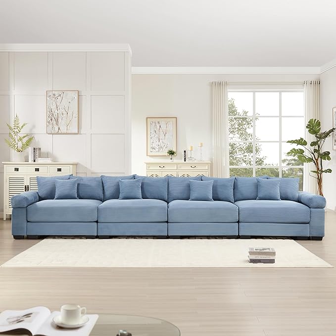 KEIKI 168" Oversized Corduroy Modular Cloud Sectional Sofa with High-Density Foam Cushions, Extra-Thick Armrest, Upholstered Modern 4-Seater Fluffy Corner Couch with 12 Pillow, for Living Room, Blue