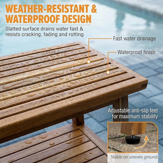 ENKEZI Small Acacia 16 Inches Outdoor Side Table, 2-Tier Sturdy Patio, End Table Weather Resistant, Strong Stability Side Table for Patio, Pool, Porch, Teak Finish (Small) - Image 5
