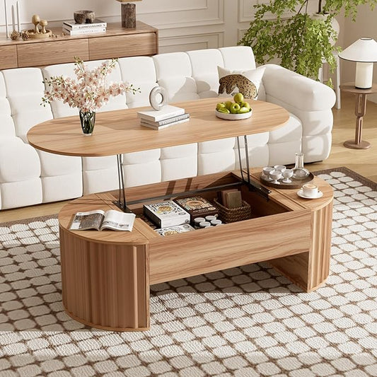 Lift Top Coffee Table with Storage Hidden Compartment, Partially Assembled Wooden Fluted Center Table, 47.2" Modern Oval Smart Lift Tabletop for Home Living Room Office-Natural