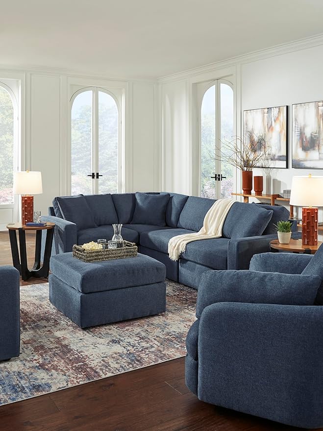 Signature Design by Ashley Modmax Contemporary Stain Resistant Square Oversized Accent Ottoman with Non-Skid Legs, Blue