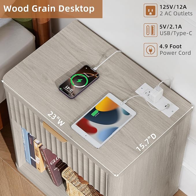 LEYAOYAO Fluted Farmhouse Nightstand Set of 2 with Charging Station, 23" Wide 1 Drawers Night Stand,LightGrey Dresser for Bedroom,Bed Side Table Chest of Drawers,Wood End Table for Living Room - Image 2