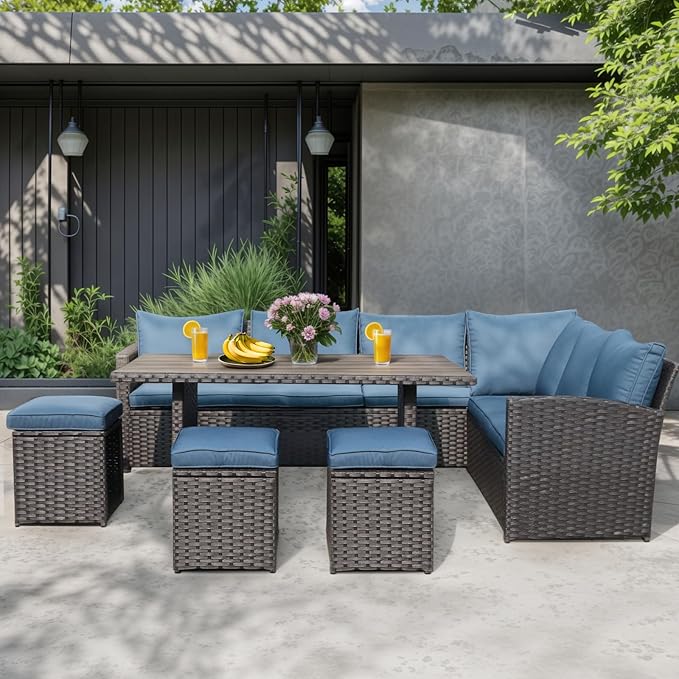 JOIVI Patio Furniture Set, 7 Piece Patio Dining Sofa Set, Outdoor Sectional Sofa Conversation Set All Weather Wicker Rattan Couch Dining Table & Chair with Ottoman, Aegean Blue
