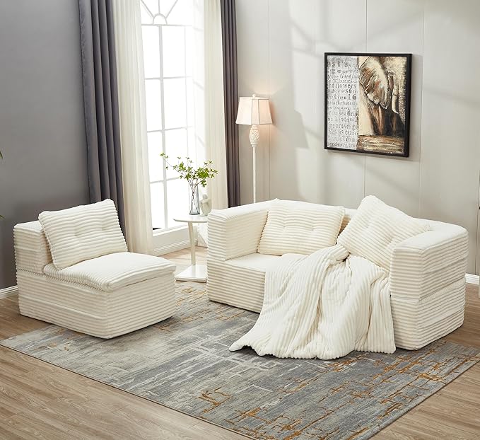 80" Convertible Sectional Sofa Bed, 3-in-1 Folding Floor Couch with Convertible Chaise Lounge, Plush Corduroy Sleeper Sofa for Living Room and Bedroom, No Assembly Required (Beige)