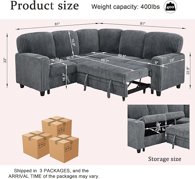 KEIKI 81" L-Shaped Oversized Corduroy Modular Sectional Sleeper Sofa with Pull-Out Bed, Storage Seat, Modern 5-Seater Upholstered Couch Bed with Charging Station, Easy Assembly, for Living Room, Grey