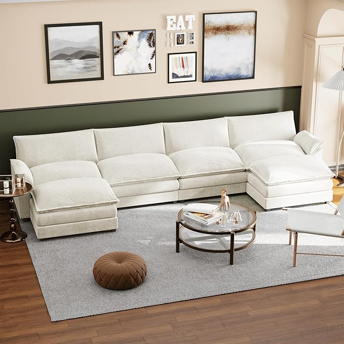 Shahoo Sectional Modular Sofa U Shaped Chenille Fabric Couch with High Supportive & Soft Sponges and Removable Ottoman, Sleeper Comfy Upholstered Furniture for Living Room, Bright Beige
