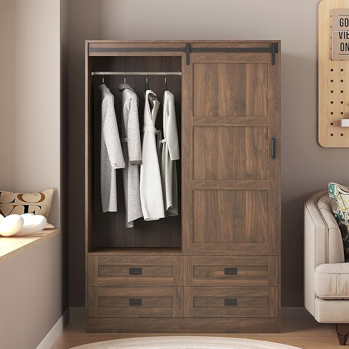 Wardrobe Closet with Sliding Barn Door, Tall Wooden Bedroom Armoire Wardrobe Closet Clothing Storage Cabinet with 4 Drawers, Adjustable Shelves and Hanging Rod, Clothes Cabinet for Bedroom, Brown
