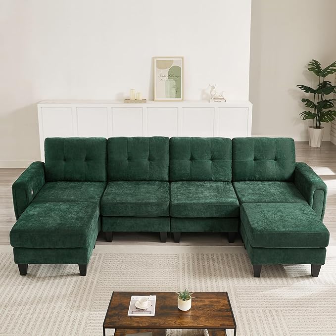 ERYE 115-Inch U-Shaped Modular Sectional Sofa Include 2 Ottomans and 4 Seat, Comfy Chenille Upholstered Tufted U Shaped Sectional Couch W/Coffee Table and USB-C Ports