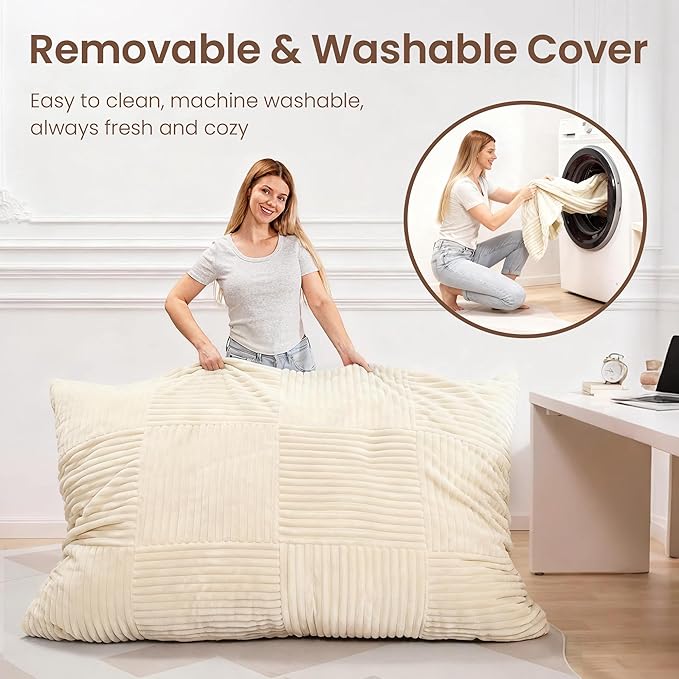HOMRELEXA Giant Bean Bag Chair, 3-in-1 Convertible Bean Bag Floor Cushion with Washable Cover,Beanbag Chairs for Adult, Living Room, Bedroom, Cream