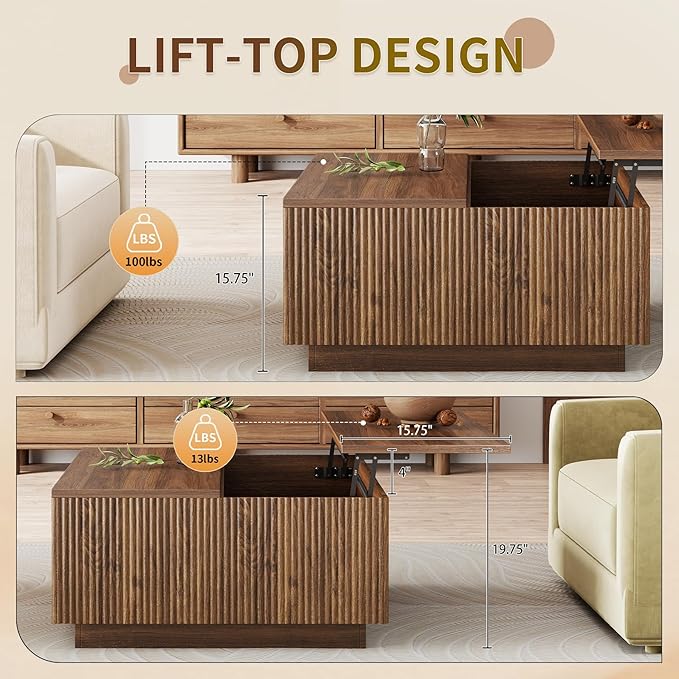 Lift Top Coffee Table, Farmhouse Square Fluted Center Table, 31" Modern Wooden Tea Table with Hidden Storage for Living Room, Apartment, Small Spaces, Brown Walnut
