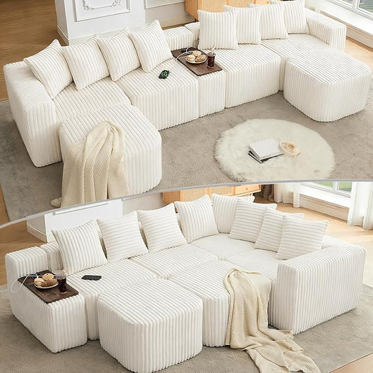 Oversized Cloud Modular Sectional Sofa Boneless Couch with Movable Ottomans,Free Combination Memory Foam Floor Couch with Charging Port & Cup Holders for Living Room | Coffee Table Board, Wireless Charge, No Assembly