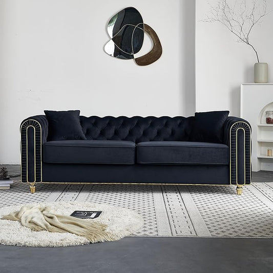 KEIKI 86" Chesterfield Velvet Button Tufted Sofa with High Density Foam Cushions and 2 Toss Pillows, Modern Style 3-Seater Couch with Gold Strip Trim Decoration, Easy Assembly, for Living Room, Black