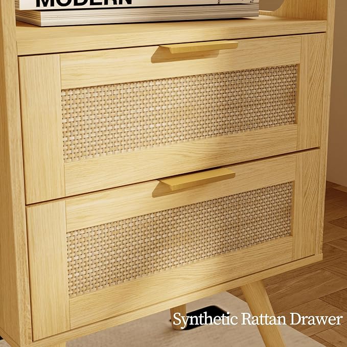 JOONEE Rattan Nightstand,Farmhouse Bedside Table with 2 Storage Drawer and Open Wood Shelf, for Bedroom and Small Spaces,Night Stand with Solid Wood Legs (Yellow Oak) - Image 6