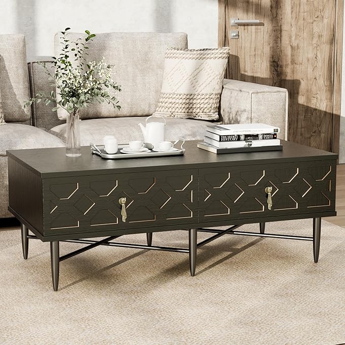 Farmhouse Coffee Table, Carved Decorative Center Table, Tea Table, Fluted Wooden Coffee Table with Storage for Living Room and Office. Ebony Black
