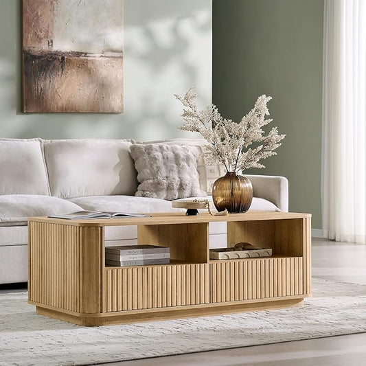ACCOHOHO 51" Fluted Coffee Table with Storage, Large Modern Center Table with 2 Drawers, Rectangle Wood Coffee Table for Living Room