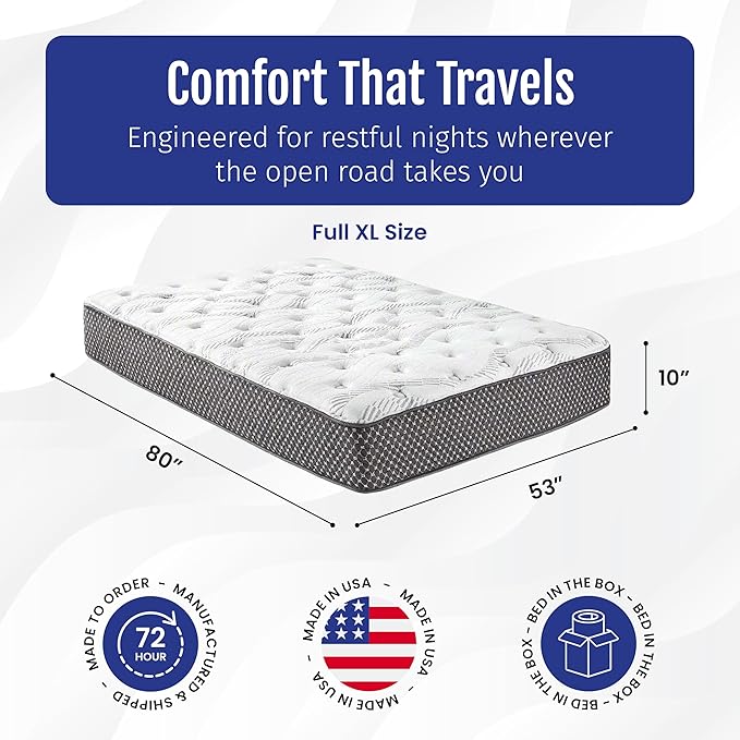 WanderRest Cool Hybrid 10” RV Mattress, Full XL 53x80, Medium, Cooling Gel Memory Foam & Pocketed Coil Mattress for RV, Camper, or Travel Trailer, Made in USA