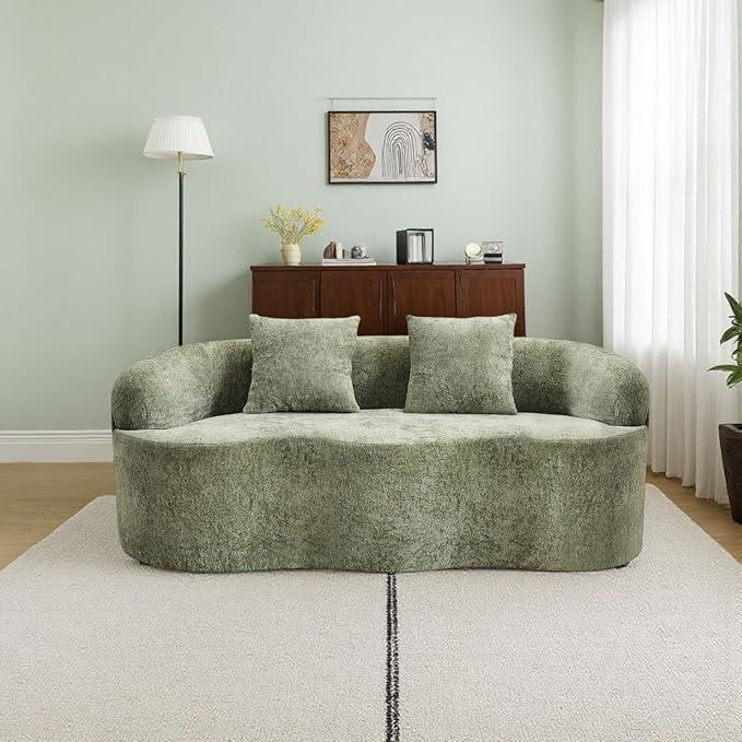 Curved Compression Sofa, Modern Loveseat Couch with Rounded Armrests & 2 Coordinating Pillows, 67'' Polyester 2 Seater Sofa for Small Living Room, Bedroom and Offices, No Assembly, Green