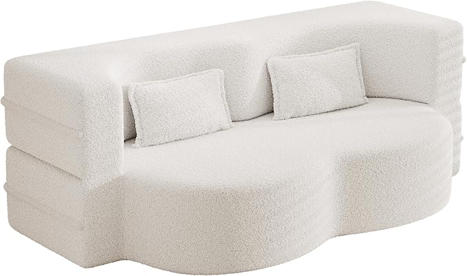 78" Oversized Convertible Folding Sleeper Sofa Bed, Fold Out Floor Lounge Sofa Couch with Curved Design, Cloud Teddy Fleece Upholstered Foldable Mattress Couch Cozy Sofabed for Living Room
