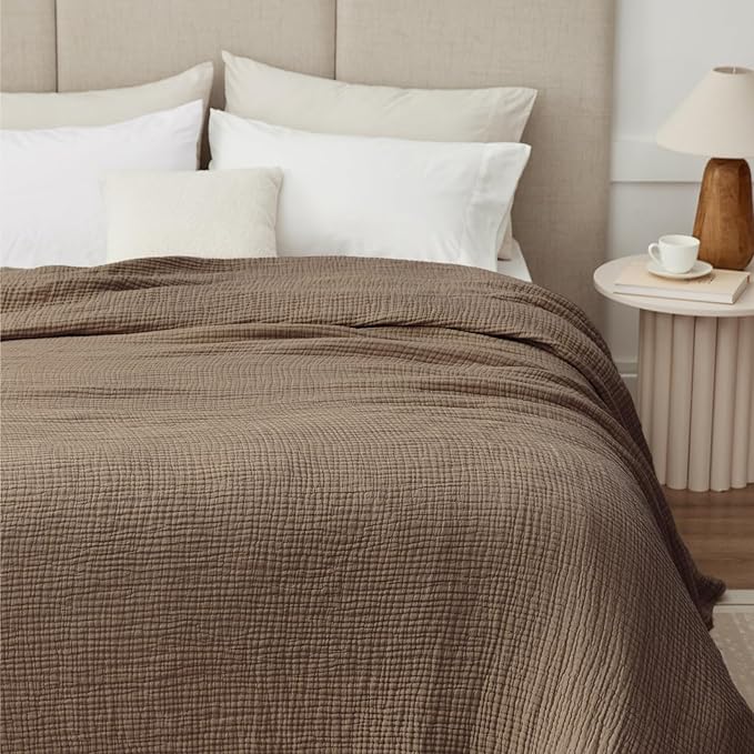 100% Cotton Muslin Blanket Queen 90" x 90", Breathable and Lightweight Cotton Throw Blankets for Bed, Soft Cooling Summer Gauze Blanket for Adults All Season, Tan